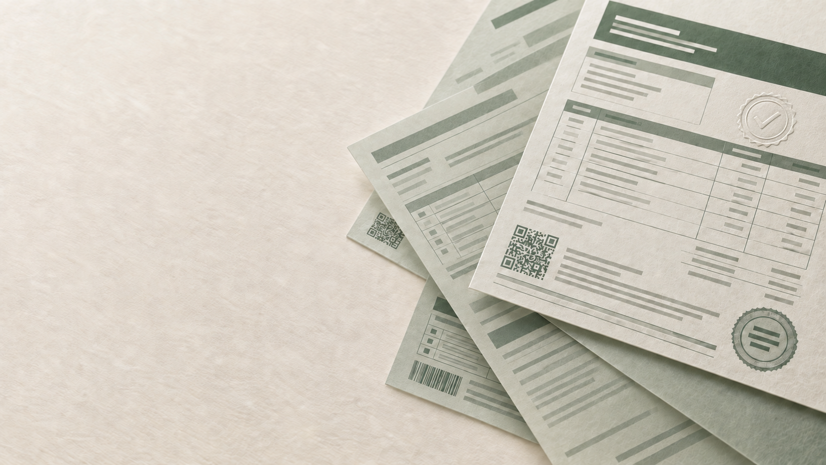 Documentos fiscales en tonos crema y verde, con tablas, códigos y sello de validación grabado abstractos.